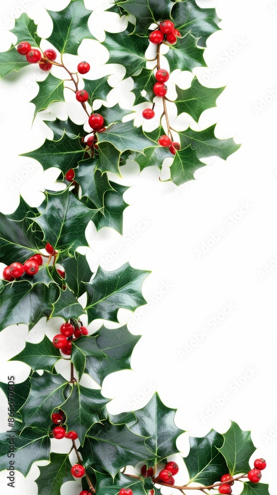 Holly berries and leaves on white background, vertical composition. Christmas and holiday decoration concept Holly berries and leaves on white background, vertical composition. Christmas and holiday decoration concept