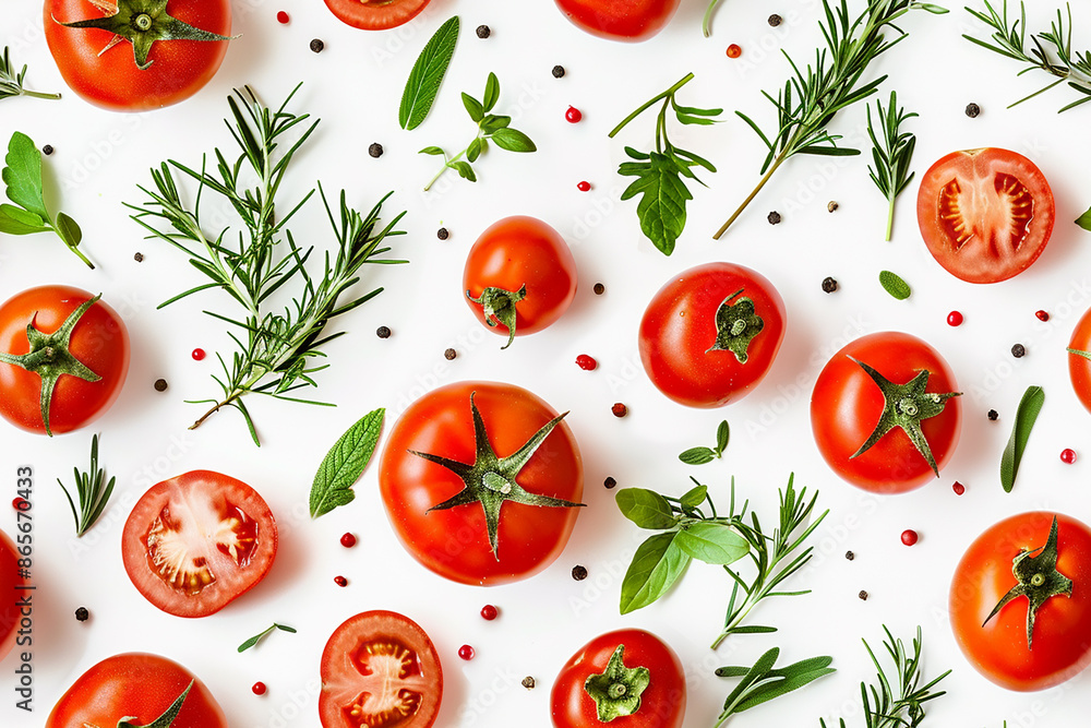 Bright red tomatoes with green herbs and spices on a white background, creating a fresh and vibrant seamless pattern. Bright red tomatoes with green herbs and spices on a white background, creating a fresh and vibrant seamless pattern.