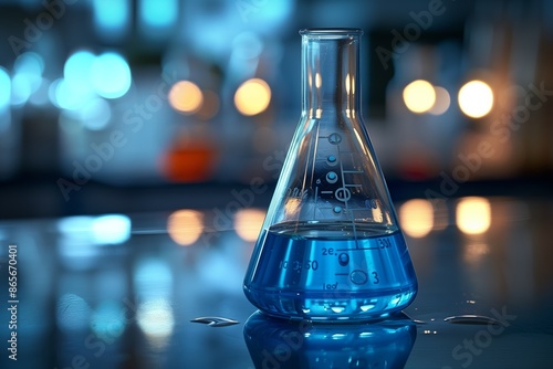 Chemistry Laboratory: Blue Glass Beaker and Flask with Water