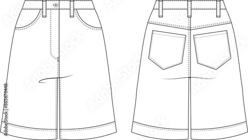 knee length a-line denim jean short template technical drawing flat sketch cad mockup fashion woman design style model
