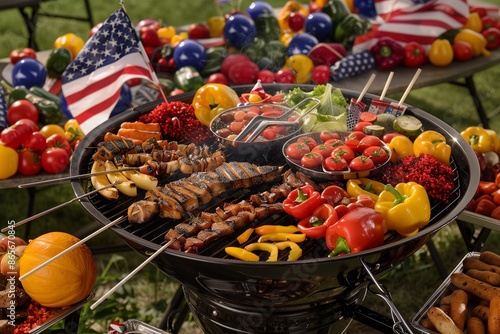 A large barbecue grill filled with a variety of food, surrounded by patriotic Labor Day decorations.