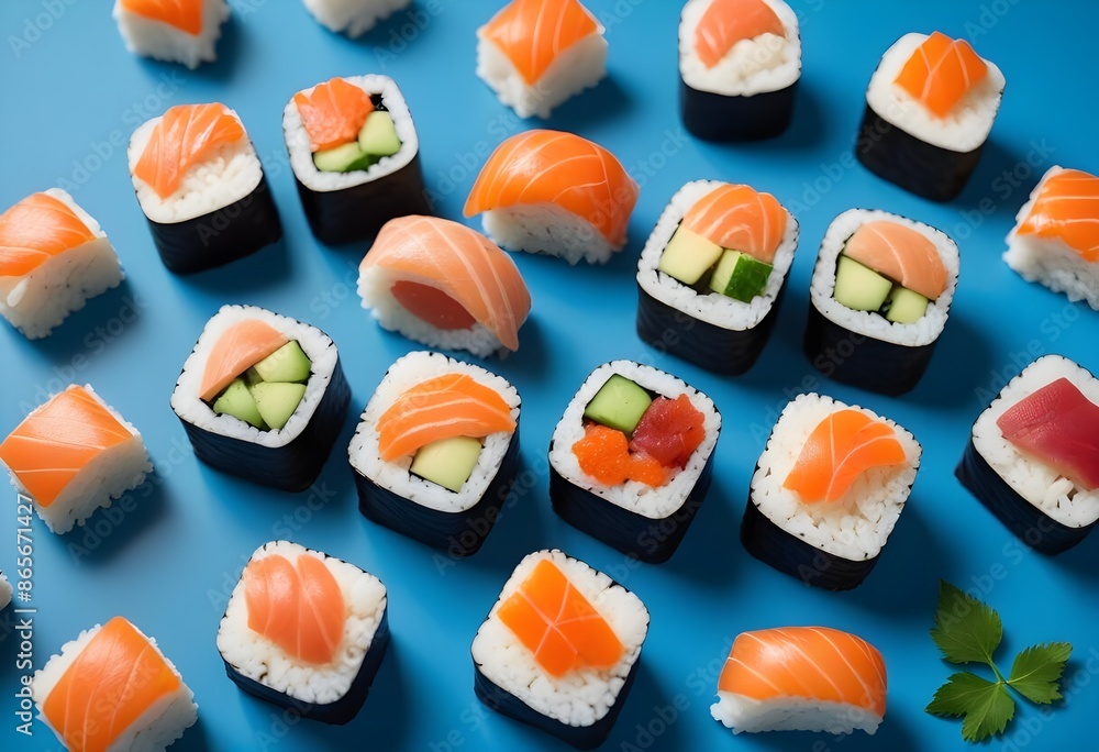 Variety of delicious sushi and sashimi pieces on warm pastel blue background Variety of delicious sushi and sashimi pieces on warm pastel blue background