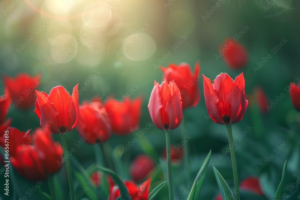 Fototapeta premium Beautiful background with red tulips. attention on a single blossom.