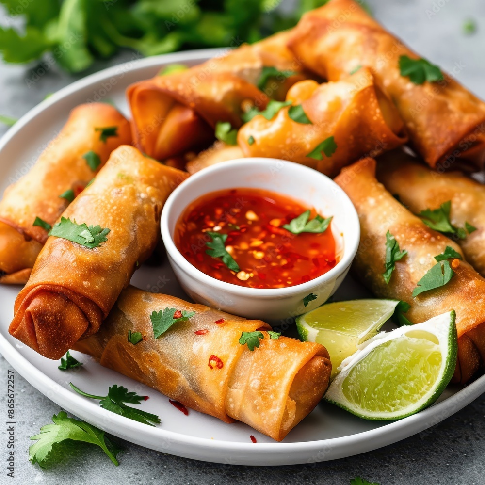 A plate of Thai Fried Spring Rolls with sweet and sour sauce, garnished with fresh herbs and lime wedges A plate of Thai Fried Spring Rolls with sweet and sour sauce, garnished with fresh herbs and lime wedges