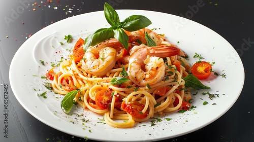A delicious plate of pasta with shrimp, tomatoes, and basil. The pasta is cooked to perfection and the shrimp are plump and juicy.