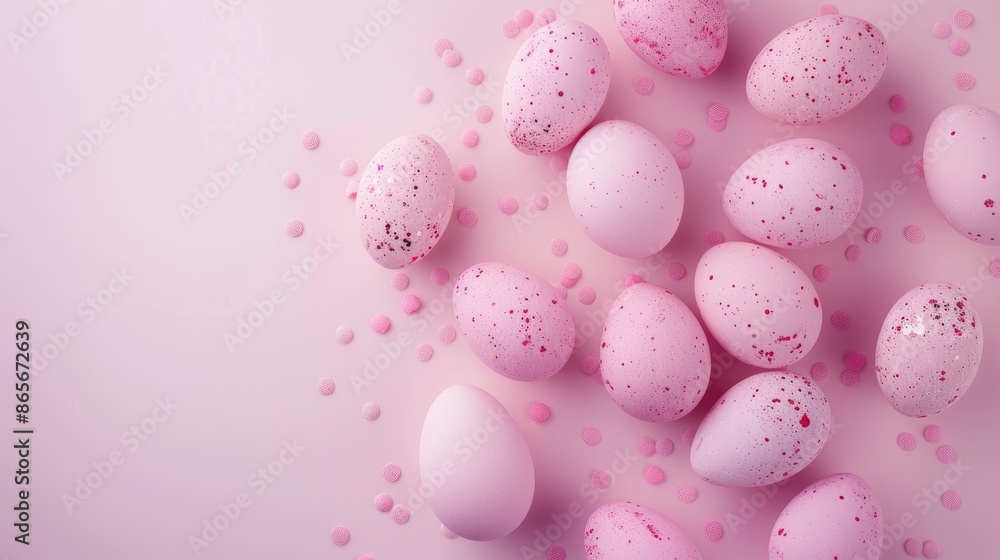 Beautiful pink Easter eggs on pastel background flat lay composition Beautiful pink Easter eggs on pastel background flat lay composition