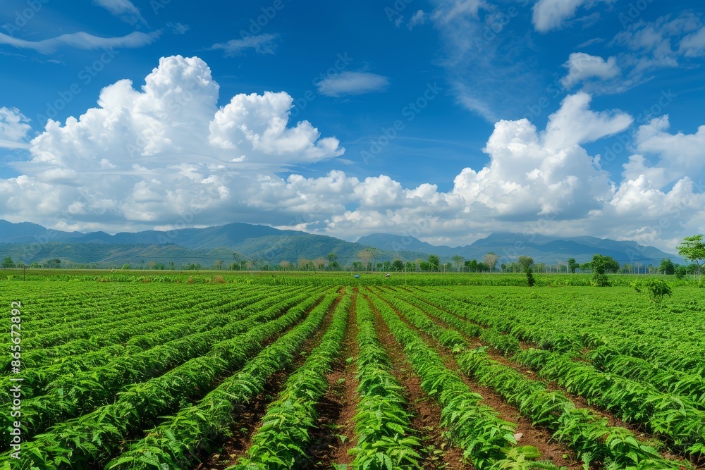Cassava fields and blue sky clouds create a scenic landscape on a sunny day Cassava fields and blue sky clouds create a scenic landscape on a sunny day