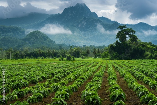 Cassava fields with mountain backdrop