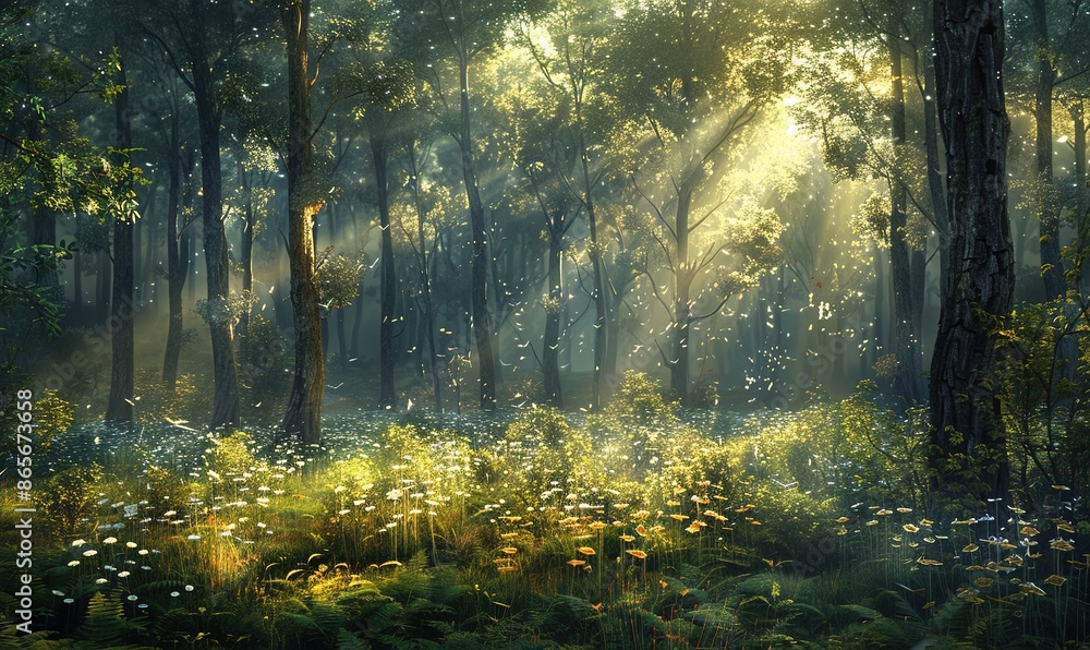 Morning forest. Sunlight through the forest Morning forest. Sunlight through the forest