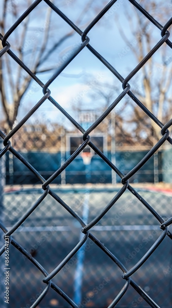 Chain link fence with blurred basketball court in the background Chain link fence with blurred basketball court in the background