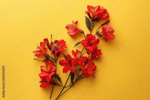 A bright and colorful image featuring a cluster of red flowers against a yellow background