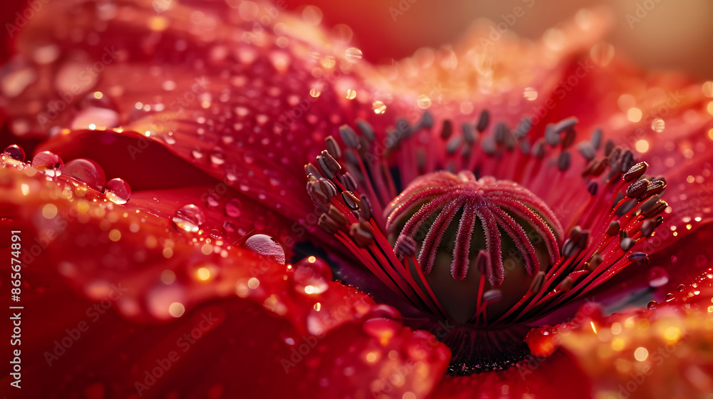 Closeup view of vibrant red poppy flower full bloom delicate petal illuminated soft morning light of summer's day Closeup view of vibrant red poppy flower full bloom delicate petal illuminated soft morning light of summer's day