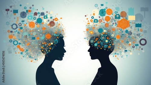 Wallpaper Mural two people think together and share thoughts. neural connections, telepathy and brainstorming. graphic image Torontodigital.ca