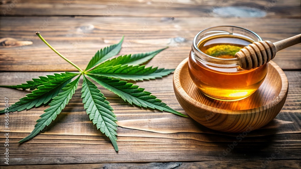 Fresh organic Cannabis leaf ( Marijuana ) and pure honey in wooden bowl isolated on wood table background. Honey CBD concept. Copy space for text and content. Fresh organic Cannabis leaf ( Marijuana ) and pure honey in wooden bowl isolated on wood table background. Honey CBD concept. Copy space for text and content.