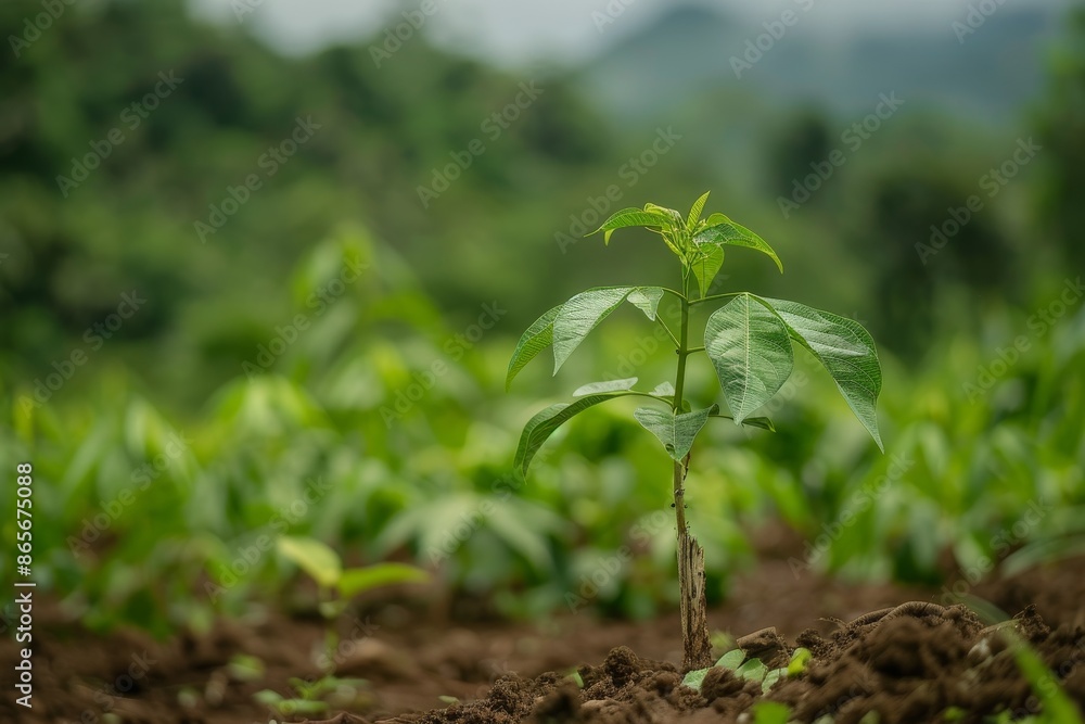 Cassava sapling with blurred farm background Cassava sapling with blurred farm background