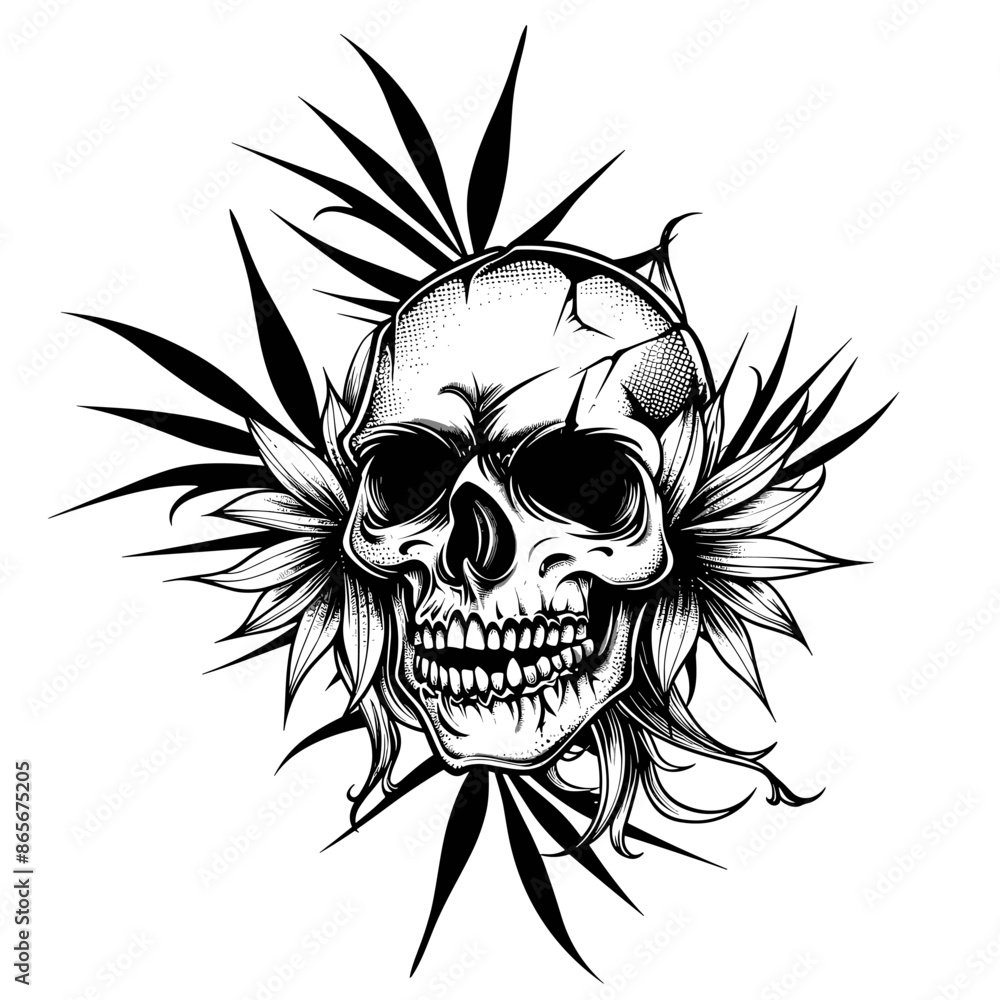A skull with a flower on it. The skull is black and white A skull with a flower on it. The skull is black and white