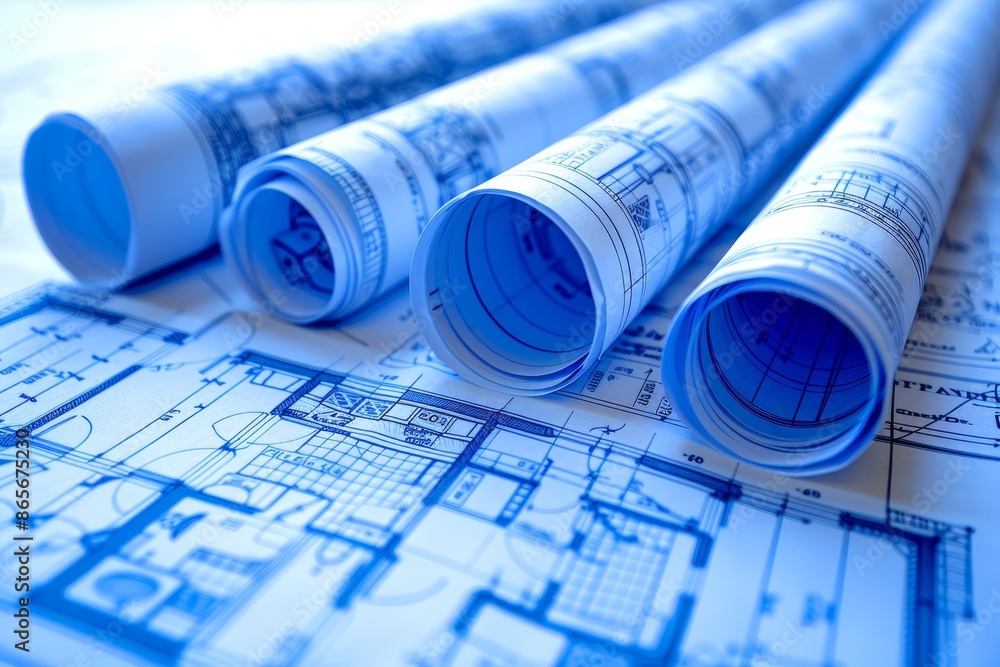 Rolled blueprints of engineering and architectural designs ...