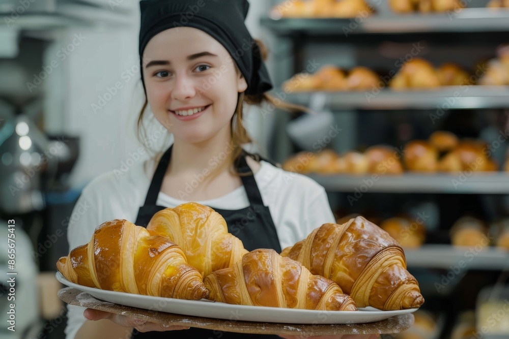Female baker presenting freshly baked croissants in bakery against white background Female baker presenting freshly baked croissants in bakery against white background