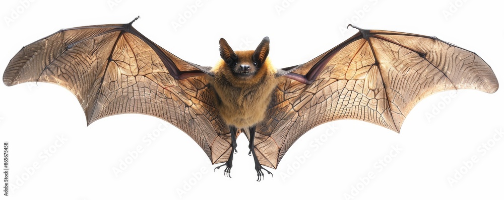 Obraz premium Bat in flight with wings fully extended against white background