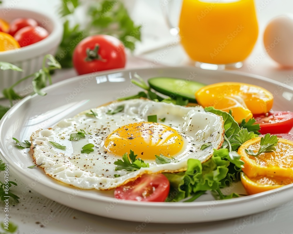 Nutritious breakfast spread fried egg, fresh veggies, and orange juice on white table Nutritious breakfast spread fried egg, fresh veggies, and orange juice on white table