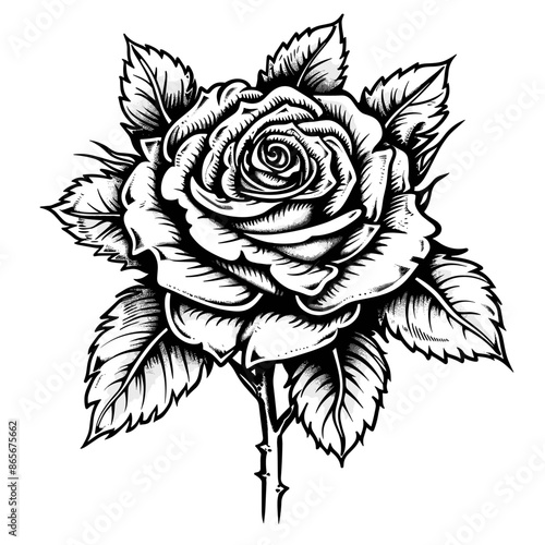 A black and white drawing of a rose with a thorn. The rose is the main focus of the drawing, and the thorn adds a sense of danger and fragility to the image. The overall mood of the drawing is somber