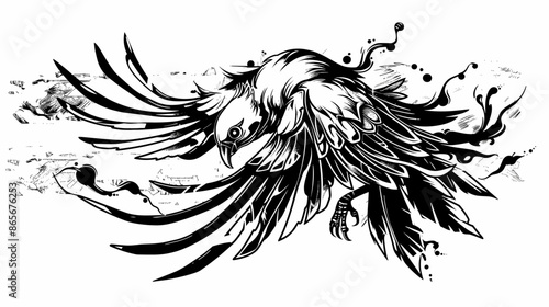 A black and white drawing of a bird with its wings spread out. The bird is in the middle of the image and he is flying. The image has a sense of freedom and movement