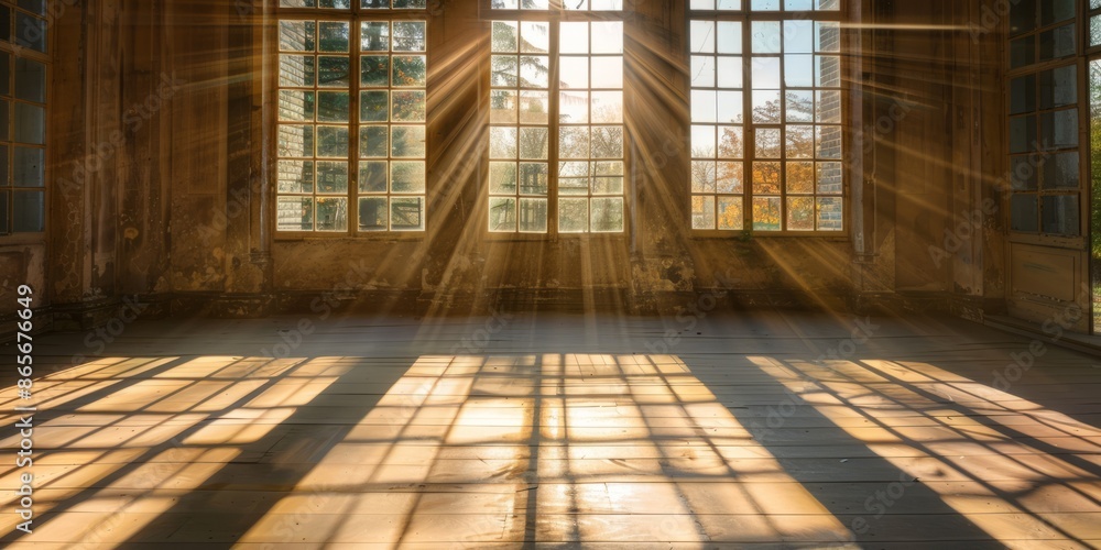 The sun shines through the windows, casting long shadows on the floor of the empty room. The sun shines through the windows, casting long shadows on the floor of the empty room.