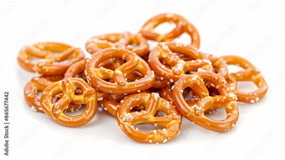 Tiny flat pretzels with salt, shown separately on a white background. Tiny flat pretzels with salt, shown separately on a white background.