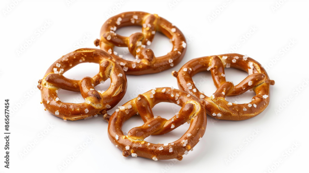 Tiny flat pretzels with salt, shown separately on a white background. Tiny flat pretzels with salt, shown separately on a white background.
