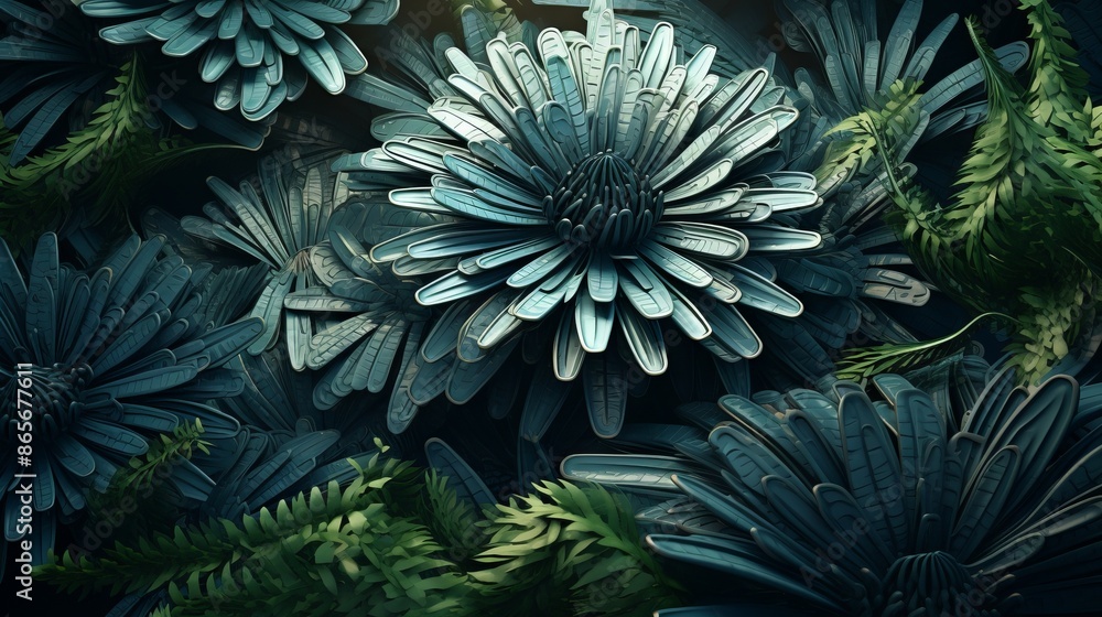 Fototapeta premium A mesmerizing top-view image depicting an abstract, organic design with flowing lines and green leaf-like patterns.