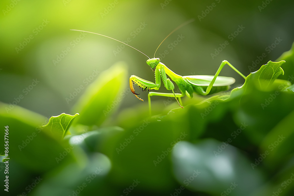 Macro shot of delicate green praying mantis camouflaged among leaf of lush tropical plant long leg antenna poised anticipation of next prey Macro shot of delicate green praying mantis camouflaged among leaf of lush tropical plant long leg antenna poised anticipation of next prey