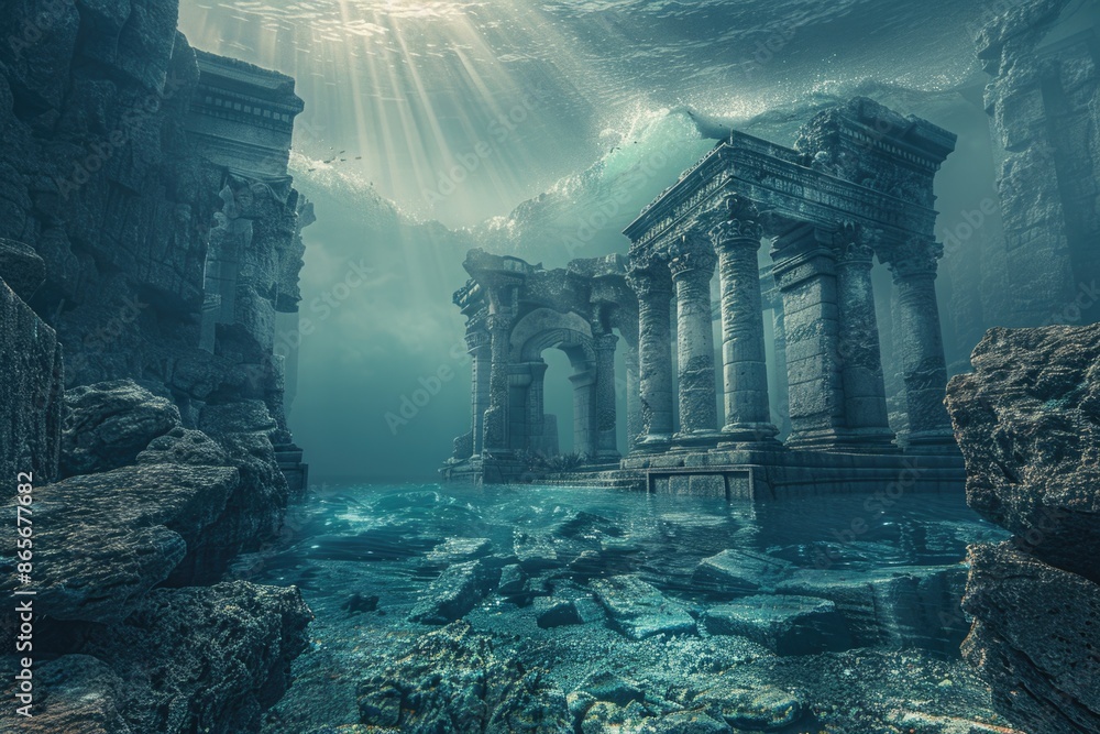 A submerged ancient temple surrounded by coral and marine life, suitable for use in underwater-themed illustrations or as a backdrop for fantasy scenes A submerged ancient temple surrounded by coral and marine life, suitable for use in underwater-themed illustrations or as a backdrop for fantasy scenes