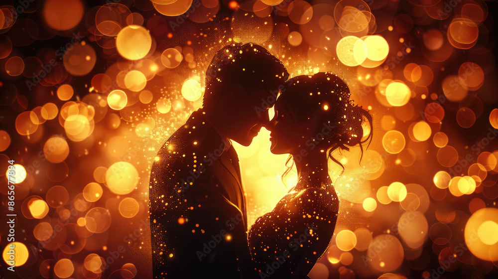 A close-up silhouette of a man and woman embracing, with a bright, warm golden bokeh background. Their faces are turned towards each other, and they are in the center of the image A close-up silhouette of a man and woman embracing, with a bright, warm golden bokeh background. Their faces are turned towards each other, and they are in the center of the image