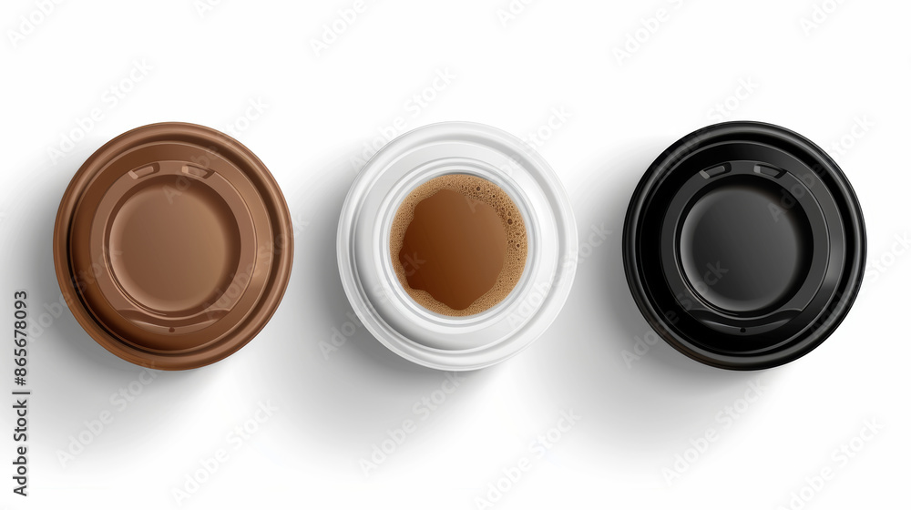 3D Coffee Cup Lid Icons
Realistic white, brown, and black disposable plastic coffee cup lids on a transparent background. Vector illustration. Top view. 3D Coffee Cup Lid Icons
Realistic white, brown, and black disposable plastic coffee cup lids on a transparent background. Vector illustration. Top view.