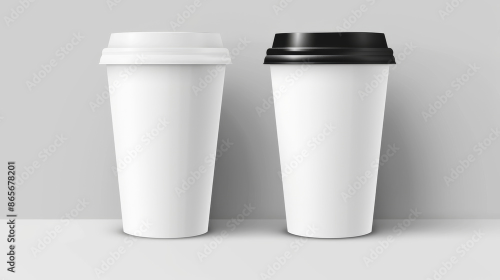 3D paper or plastic tea and coffee disposable cups with white and black lids. Stock vector illustration. Design template. Front view. 3D paper or plastic tea and coffee disposable cups with white and black lids. Stock vector illustration. Design template. Front view.
