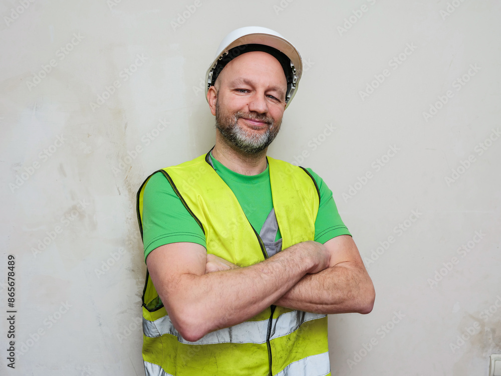 A man in a yellow high visibility vest is standing in front of a wall. He is wearing a hard hat and a green shirt. Foreman on construction site. Male in his 50s with grey beard and slim body. A man in a yellow high visibility vest is standing in front of a wall. He is wearing a hard hat and a green shirt. Foreman on construction site. Male in his 50s with grey beard and slim body.
