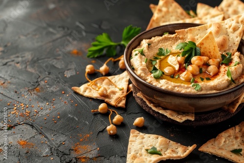 Chickpea hummus bowl with pita chips on dark background space for text photo