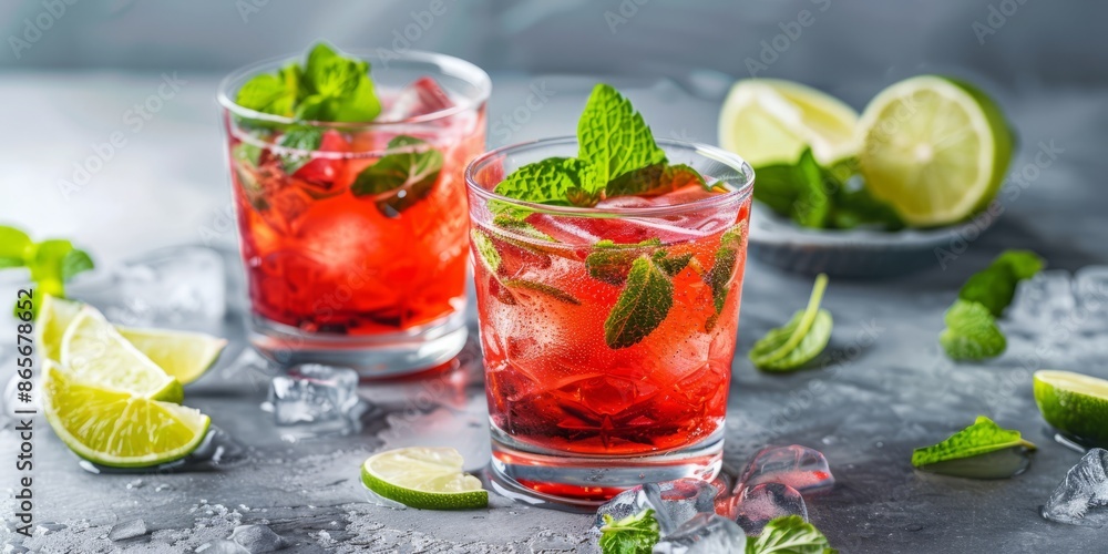 Refreshing pome cocktail garnished with freshly sliced lime and vibrant mint leaves on a summer afternoon Refreshing pome cocktail garnished with freshly sliced lime and vibrant mint leaves on a summer afternoon