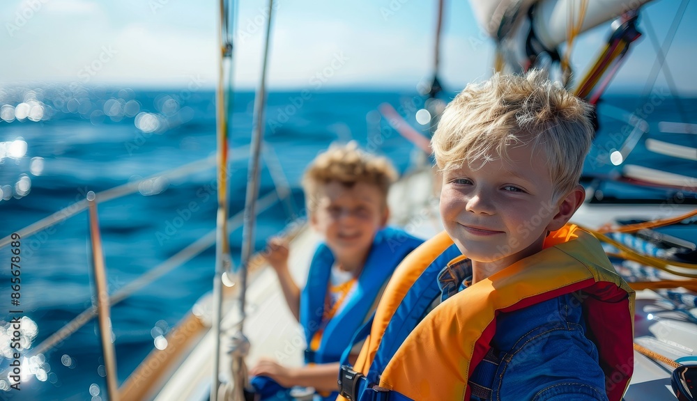 Children navigate yacht on sea Children navigate yacht on sea