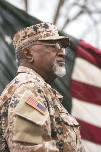 A senior military officer, wearing a camouflage uniform and a hat, stands with a thoughtful expression, a United States flag waving in the background