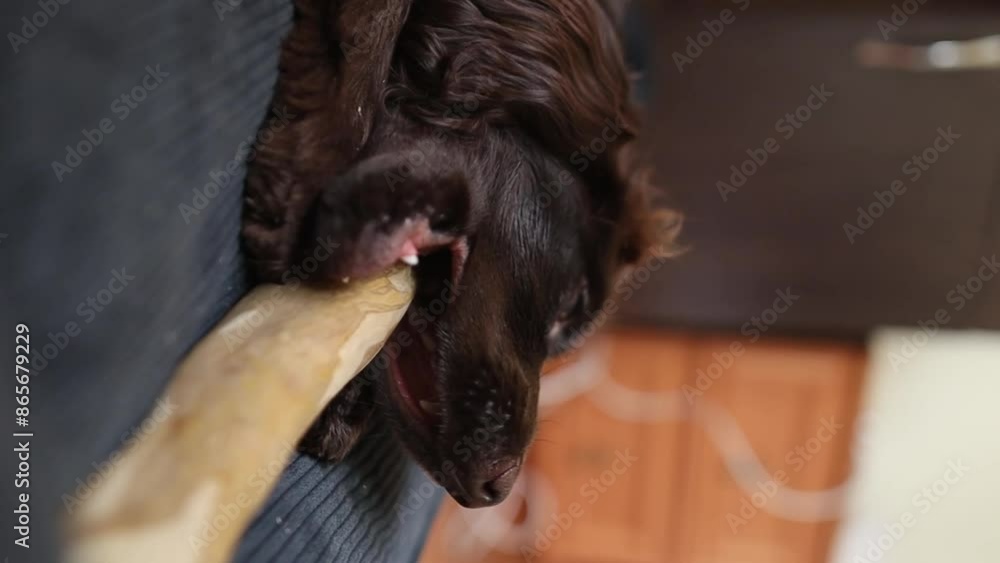 coffee wood stick for dogs. An English Cocker Spaniel puppy lies on the sofa at home and chews a coffee wood chewing stick, close-up. A young English Cocker Spaniel plays with a stick. soft focus coffee wood stick for dogs. An English Cocker Spaniel puppy lies on the sofa at home and chews a coffee wood chewing stick, close-up. A young English Cocker Spaniel plays with a stick. soft focus