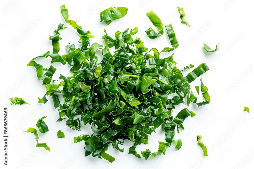 Chopped seaweed on white background seen from above Chopped seaweed on white background seen from above