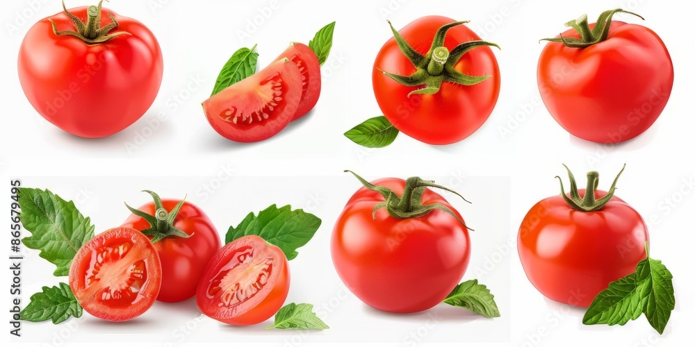 A set of fresh delicious tomatoes with leaves on a white background A set of fresh delicious tomatoes with leaves on a white background