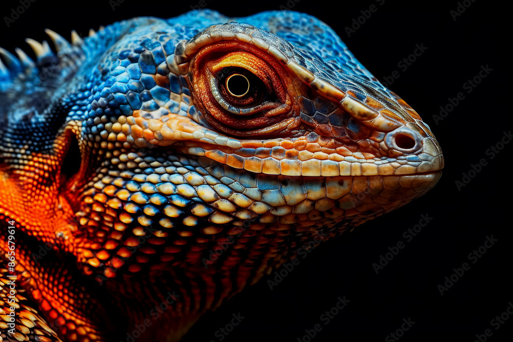 Obraz premium A close up of a lizard's face with a blue and orange pattern