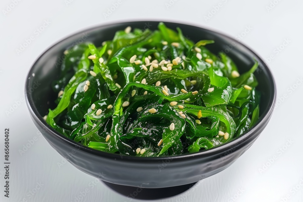 Classic Japanese wakame salad with sesame seeds in black dish on white backdrop Classic Japanese wakame salad with sesame seeds in black dish on white backdrop