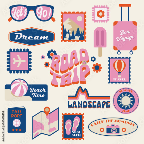 Set of travel stickers in retro style. Vintage collection of isolated badges and stamps. Nostalgia of 80s