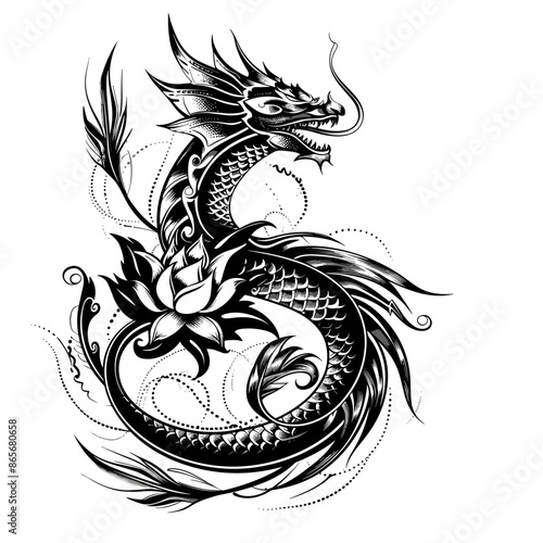 A black and white drawing of a dragon with a flower on its tail. The dragon is curled up and has a long tongue sticking out