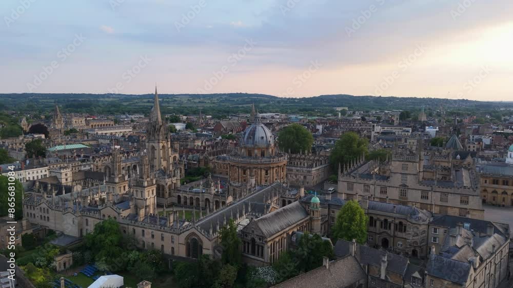 Aerial view of Oxford University with Radcliffe Camera library during beautiful sunset Aerial view of Oxford University with Radcliffe Camera library during beautiful sunset