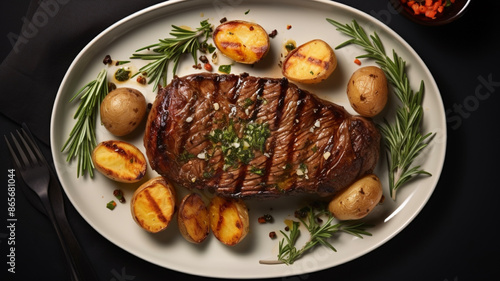 grilled beef steak and potatoes on plate