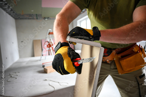 Fotografie Construction worker carefully cutting drywall using a utility knife, prioritizin